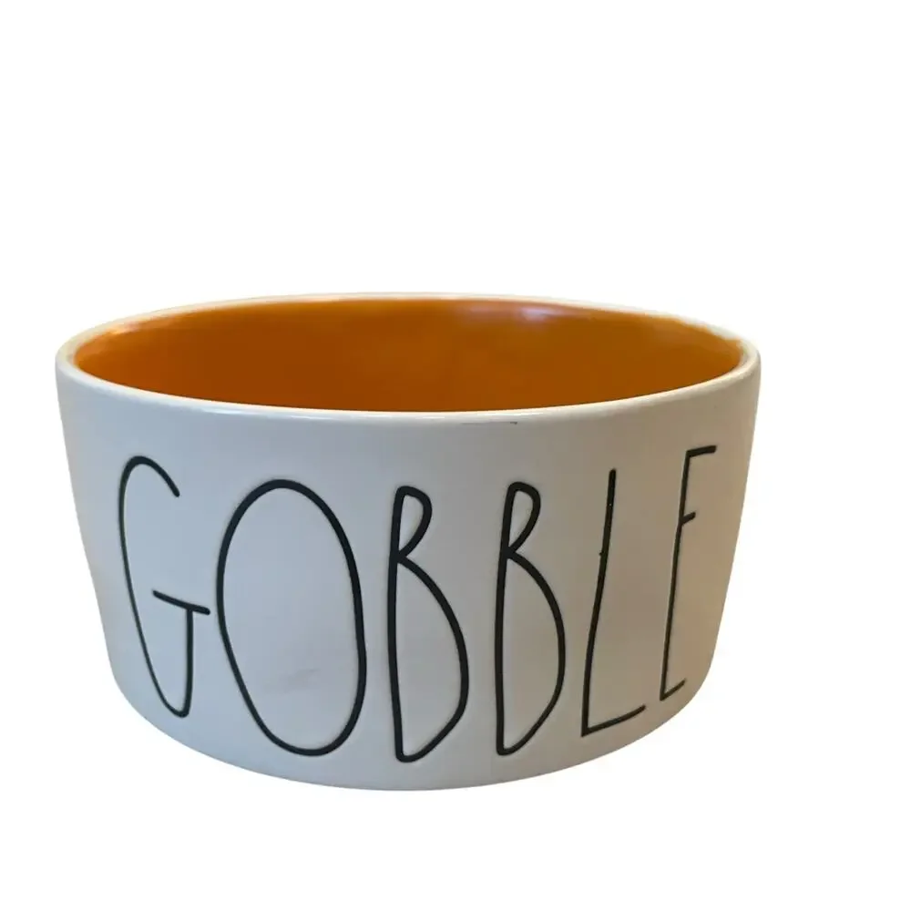 Rae Dunn Artisan Collection Dog Bowl GOBBLE Ceramic 5.5in White Orange NWOT